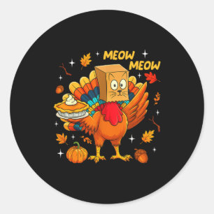 Thanksgiving Turkey Cat Meow Autumn Pumpkin Women  Classic Round Sticker