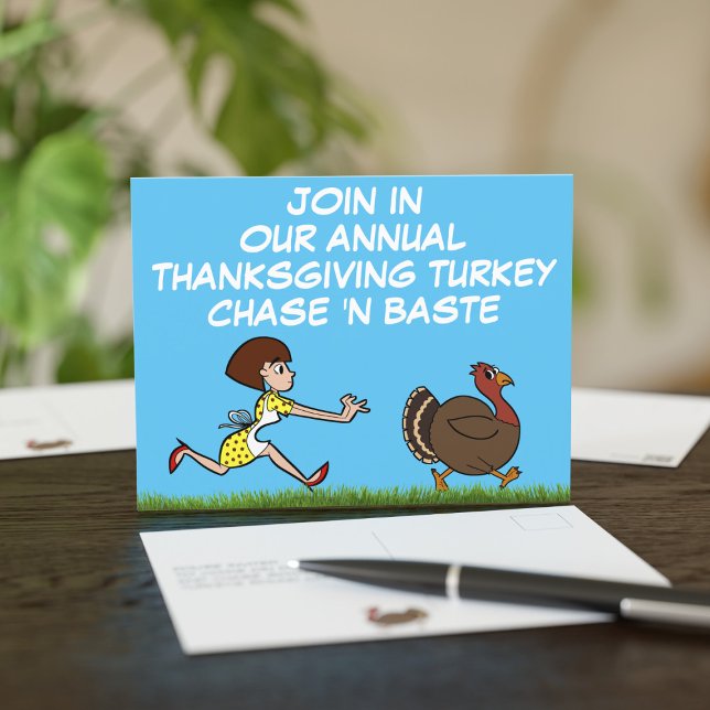 Thanksgiving Turkey Chase and Baste Party Postcard (Chasing turkeys this Thanksgiving? A fun postcard to send to invite all your friends)