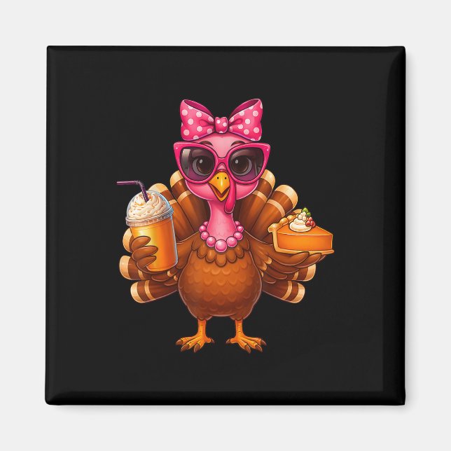 Thanksgiving Turkey Drinking Coffee Bow Pie Turkey Magnet (Front)