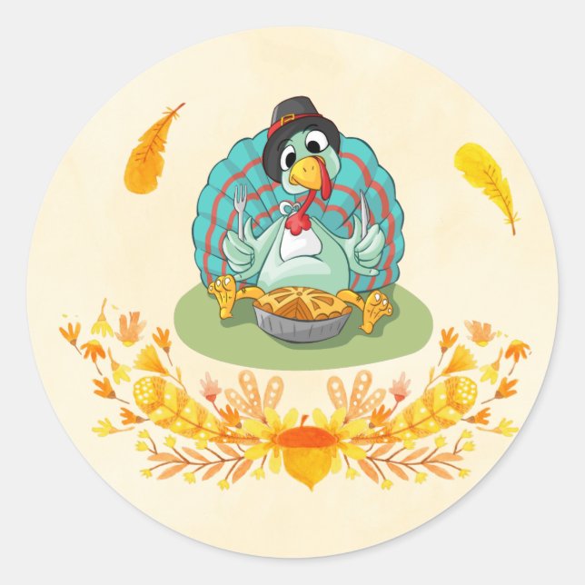 Thanksgiving Turkey Eating Pumpkin Pie Classic Round Sticker (Front)