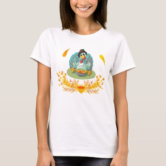 Thanksgiving Turkey Eating Pumpkin Pie T-Shirt (Front)