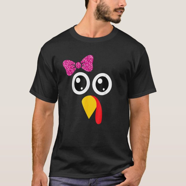 Thanksgiving Turkey Face Cute Pink Bow Girls T-Shirt (Front)