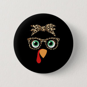 Thanksgiving Turkey Face Girl Leopard Bow And Gles 6 Cm Round Badge