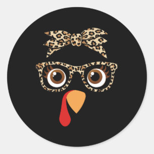 Thanksgiving Turkey Face Girl Leopard Bow And Gles Classic Round Sticker