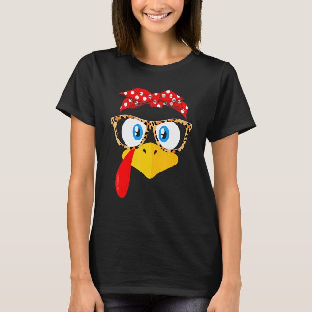 Thanksgiving Turkey Face Leopard Print Glasses T-Shirt (Front)