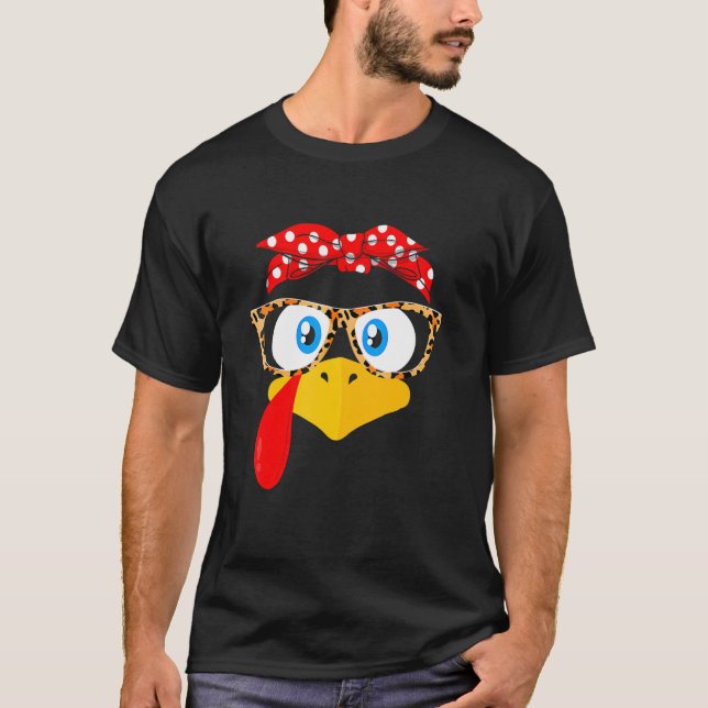 Thanksgiving Turkey Face Leopard Print Glasses T-Shirt (Front)