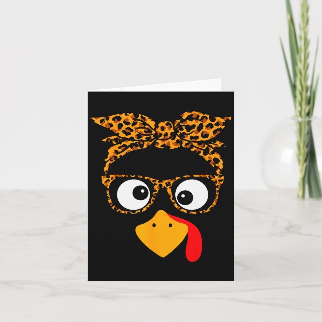 Thanksgiving Turkey Face Leopard Print Gles Autumn Card (Front)