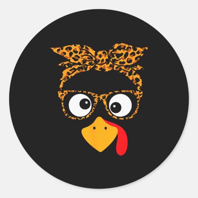 Thanksgiving Turkey Face Leopard Print Gles Autumn Classic Round Sticker (Front)