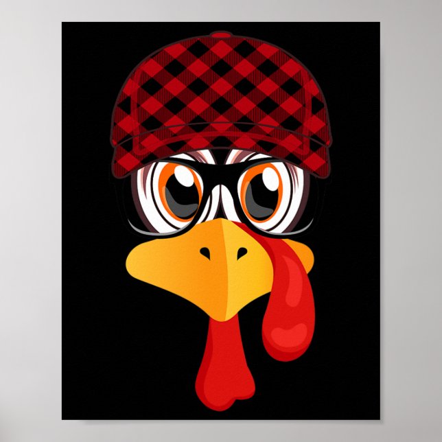 Thanksgiving Turkey Face With Fall Pattern Cap And Poster (Front)