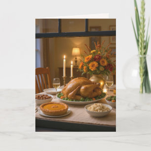 Thanksgiving Turkey Feast In Window Holiday Card