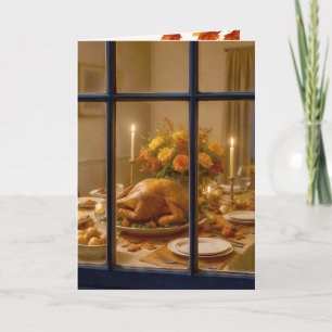 Thanksgiving Turkey Feast In Window Holiday Card