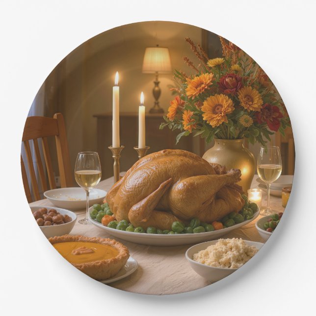 Thanksgiving Turkey Feast With Candles Paper Plate (Front)