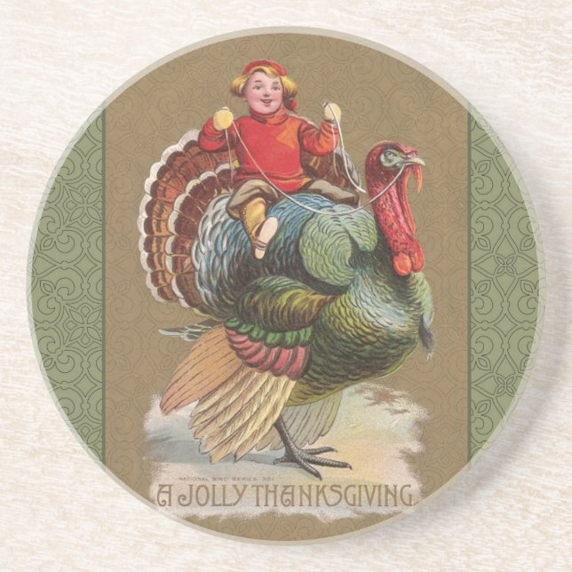 Thanksgiving Turkey Funny Vintage Greetings Coaster (Front)