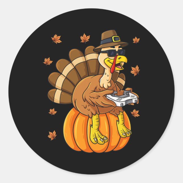 Thanksgiving Turkey Gamer Pumpkin Boys Kids Teens  Classic Round Sticker (Front)