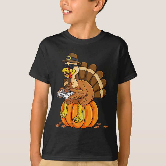 Thanksgiving Turkey Gamer Pumpkin Boys Kids Teens  T-Shirt (Front)