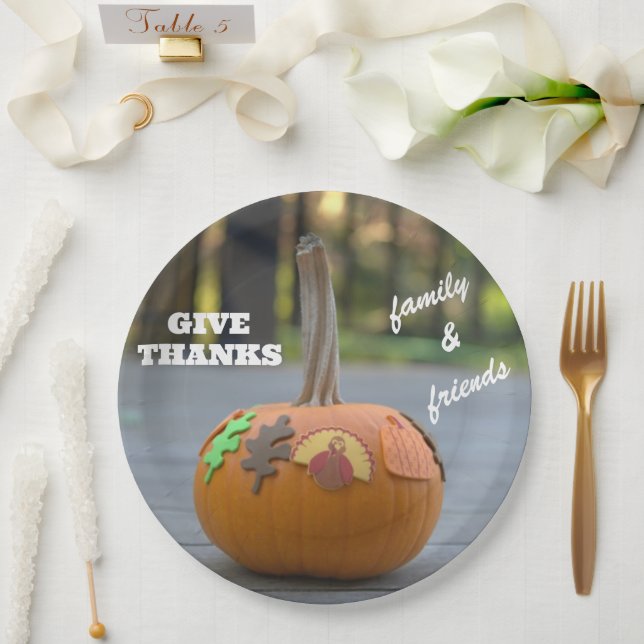Thanksgiving Turkey Give Thanks Pumpkin Paper Plate (Wedding)