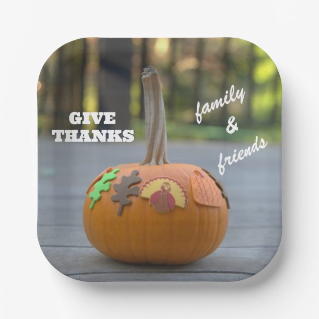Thanksgiving Turkey Give Thanks Pumpkin Paper Plate (Front)