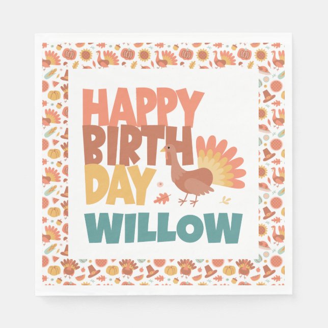 Thanksgiving Turkey Gobble Gobble Happy Birthday Napkin (Front)