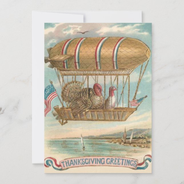 Thanksgiving Turkey Hot Air Balloon US Flag Holiday Card (Front)