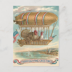 Thanksgiving Turkey Hot Air Balloon US Flag Holiday Postcard