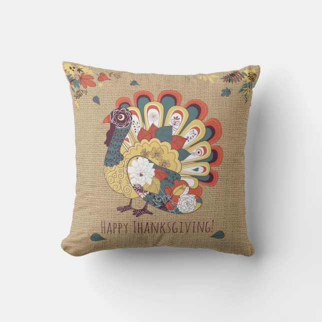 Thanksgiving Turkey on faux Burlap Pillow (Front)