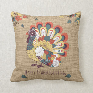 Thanksgiving Turkey on faux Burlap Pillow
