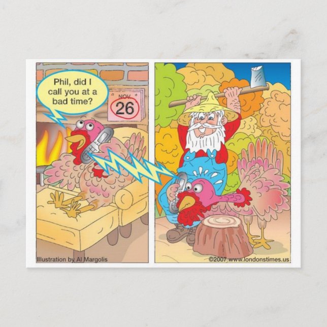 Thanksgiving Turkey On Hold Cartoon Gifts & Tees Holiday Postcard (Front)