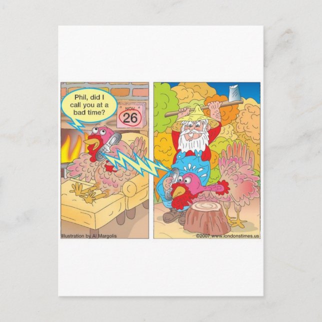 Thanksgiving Turkey On Hold Cartoon Gifts & Tees Holiday Postcard (Front)