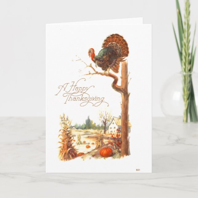 Thanksgiving Turkey on Tree Branch Vintage Holiday Card (Front)