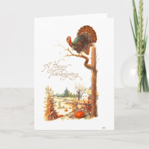 Thanksgiving Turkey on Tree Branch Vintage Holiday Card