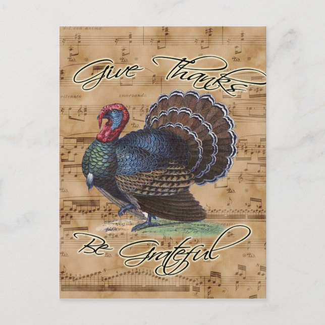 Thanksgiving Turkey on Vintage Music Sheet Holiday Postcard (Front)