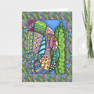THANKSGIVING TURKEY, PATCHWORK FEATHERS, FOLK ART CARD