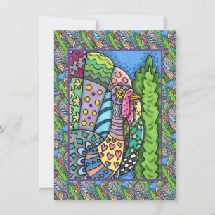 THANKSGIVING TURKEY, PATCHWORK FEATHERS, FOLK ART CARD