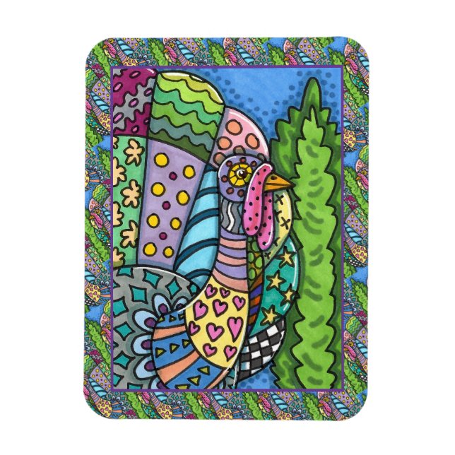 THANKSGIVING TURKEY, PATCHWORK FEATHERS, FOLK ART MAGNET (Vertical)