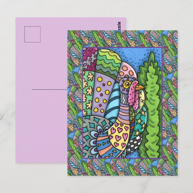 THANKSGIVING TURKEY, PATCHWORK FEATHERS, FOLK ART POSTCARD (Front/Back)