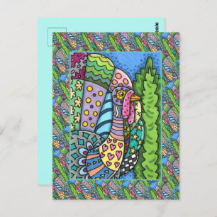 THANKSGIVING TURKEY, PATCHWORK FEATHERS, FOLK ART POSTCARD