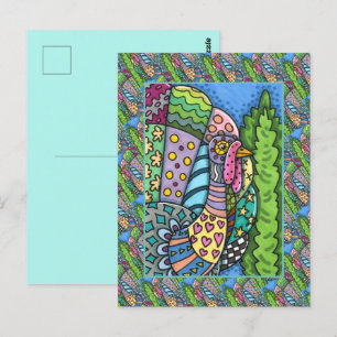 THANKSGIVING TURKEY, PATCHWORK FEATHERS, FOLK ART POSTCARD