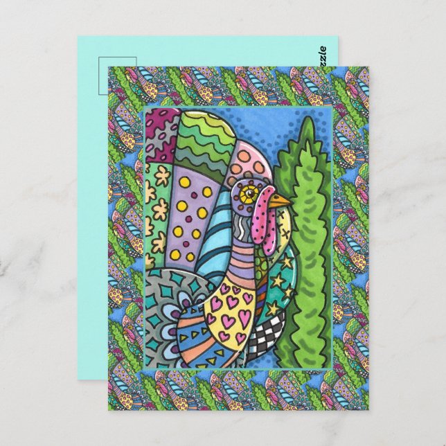 THANKSGIVING TURKEY, PATCHWORK FEATHERS, FOLK ART POSTCARD (Front/Back)