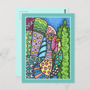THANKSGIVING TURKEY, PATCHWORK FEATHERS, FOLK ART POSTCARD