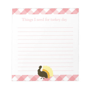 Thanksgiving turkey pink gingham shopping list notepad