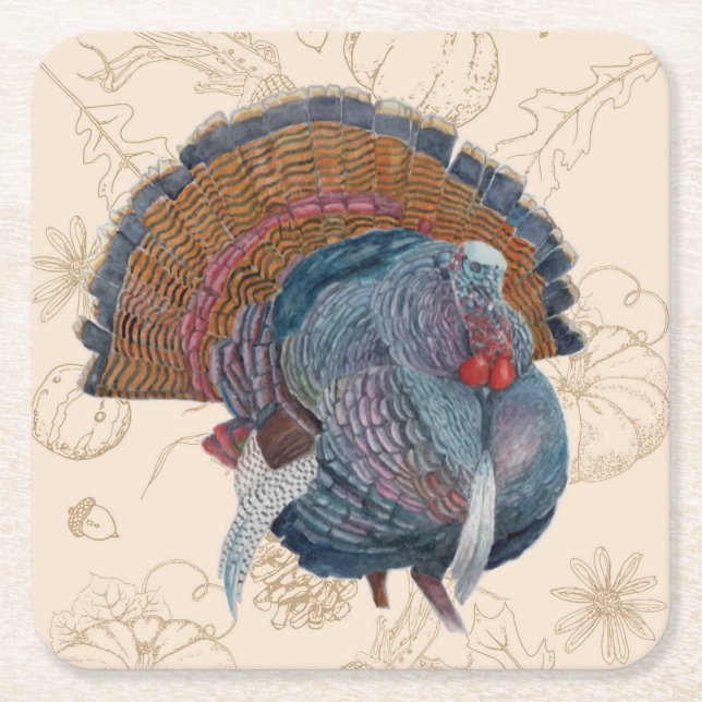 Thanksgiving Turkey Plates Square Paper Coaster (Front)