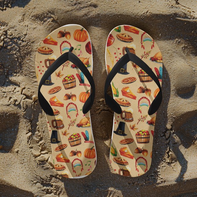 Thanksgiving Turkey Pumpkin Apple Pie Pattern Flip Flops (Creator Uploaded)