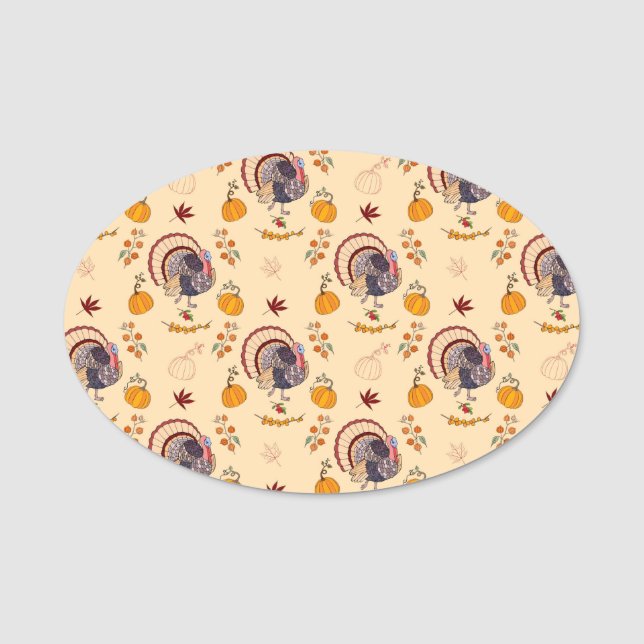 Thanksgiving Turkey Pumpkin Fall Pattern Name Tag (Front)