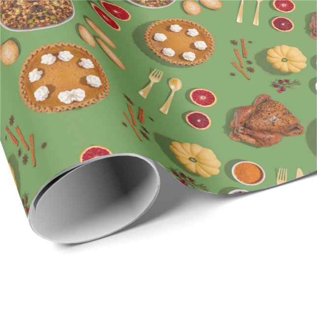 Thanksgiving Turkey Pumpkin Pie Green Orange Wrapping Paper (Roll Corner)