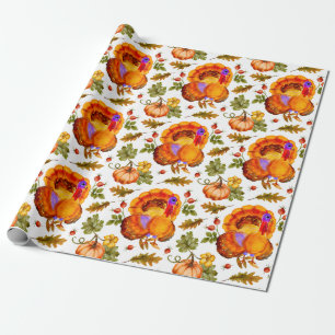 Thanksgiving Turkey, Pumpkins and Autumn Leaves Wrapping Paper