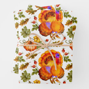 Thanksgiving Turkey, Pumpkins and Autumn Leaves Wrapping Paper Sheet