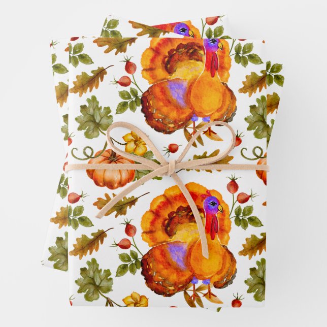 Thanksgiving Turkey, Pumpkins and Autumn Leaves Wrapping Paper Sheet (In situ)