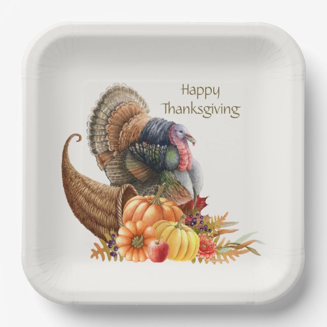 Thanksgiving Turkey Pumpkins Paper Plate (Front)