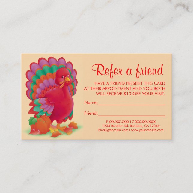 Thanksgiving turkey refer a friend business cards (Front)