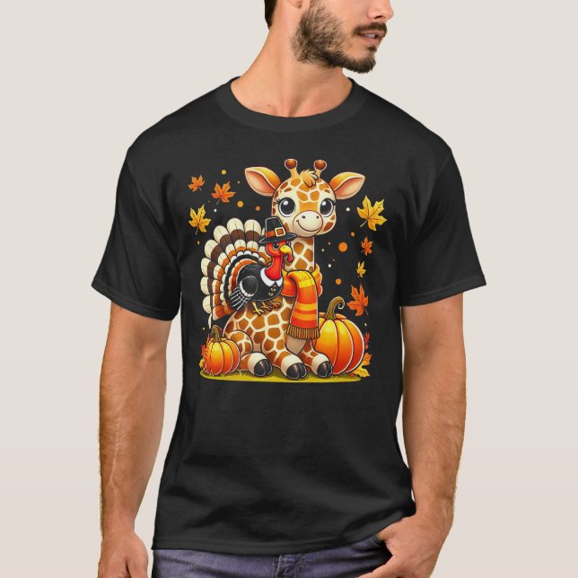 Thanksgiving Turkey Riding Giraffe With Fall Pumpk T-Shirt (Front)
